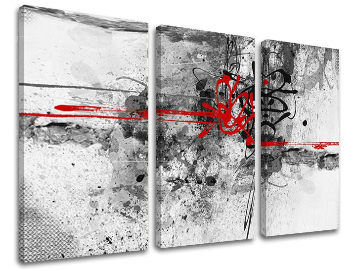 Abstraktní triptych s červenými a černými tahy na šedobílém pozadí, viditelný dřevěný rám, Papilora.