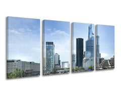 Na plátně je zachyceno panoráma moderního města s mrakodrapy pod modrou oblohou, rozdělené do čtyř dílů, Papilora.