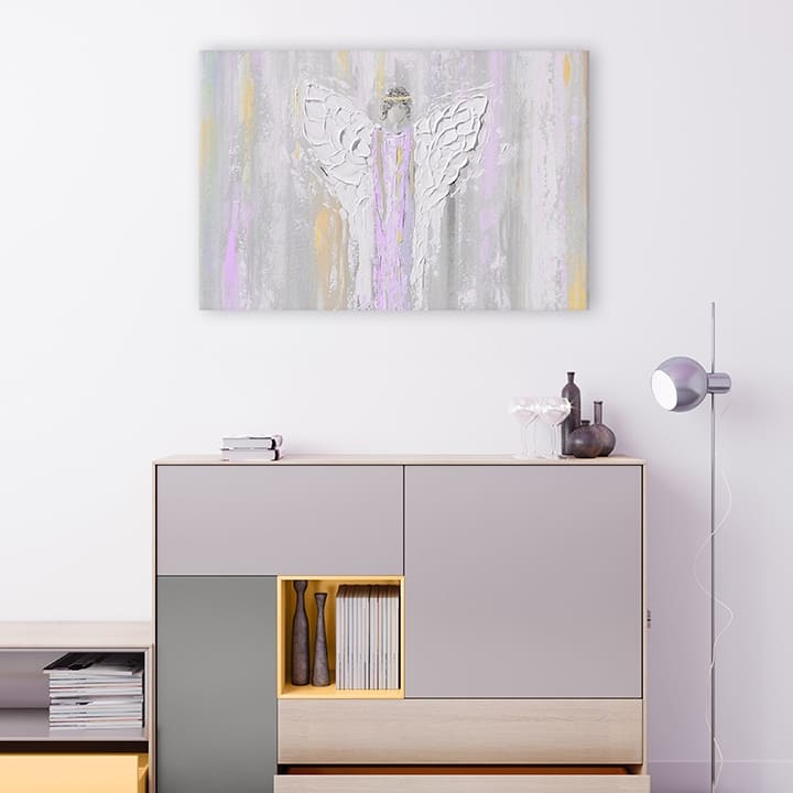 Art deco obraz na plátně s motivem Príjemné stretnutie, anděl, náboženský motiv, zvíře v bílo-šedých odstínech, klidná atmosféra, vhodný do ložnice – produkt