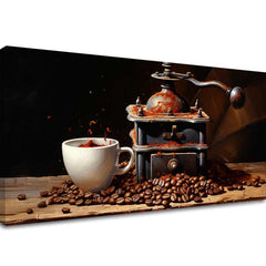 Vintage obraz na plátně s motivem Čaro Obyčajných Vecí, šálek kávy v bílo-hnědých odstínech, útulná atmosféra, vhodný do kuchyně | Kávové obrazy do kuchyně Čaro Obyčajných Vecí – hlavní