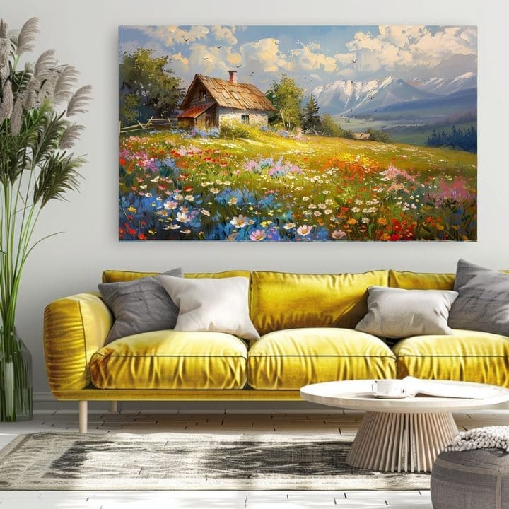 Moderní obraz na plátně s motivem Barevná květinová louka, hory, obloha, ptáci v modro-bílých odstínech, klidná atmosféra, příroda a domov | Obraz na plátně Barevná květinová louka – produkt