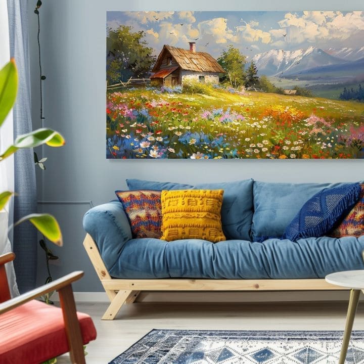 Moderní obraz na plátně s motivem Barevná květinová louka, hory, obloha, ptáci v modro-bílých odstínech, klidná atmosféra, příroda a domov | Obraz na plátně Barevná květinová louka – produkt, pohled 2