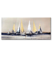 Ručně malovaný obraz na plátně s motivem PREMIUM ART – Plachetnice na moři, obloha, příroda v bílo-béžových odstínech, klidná atmosféra, vhodný do obývacího pokoje – produkt, pohled 2