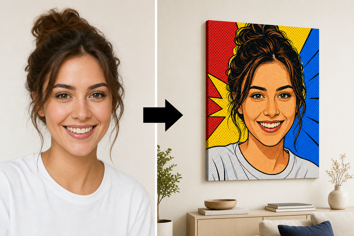 Komiksový pop-art obraz z fotky – před a po: fotka proměněná v pop-art obraz na plátně, Papilora