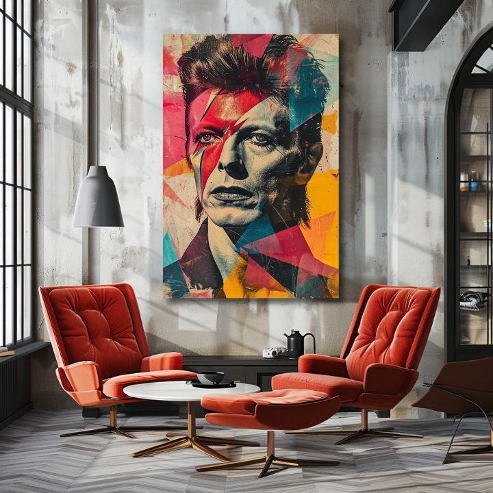 Obraz s portrétem Davida Bowieho v pop-artovém stylu visí v moderním interiéru nad dřevěnou konzolí s vázou a svíčkou Papilora.