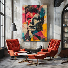 Obraz s portrétem Davida Bowieho v pop-artovém stylu visí v moderním interiéru nad dřevěnou konzolí s vázou a svíčkou Papilora.