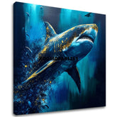 V boho stylu obraz na plátně s motivem PREMIUM ART - Shark Force in Dark Water, oceán, moře a pláž v modro-zlatých odstínech, majestátní atmosféra – hlavní