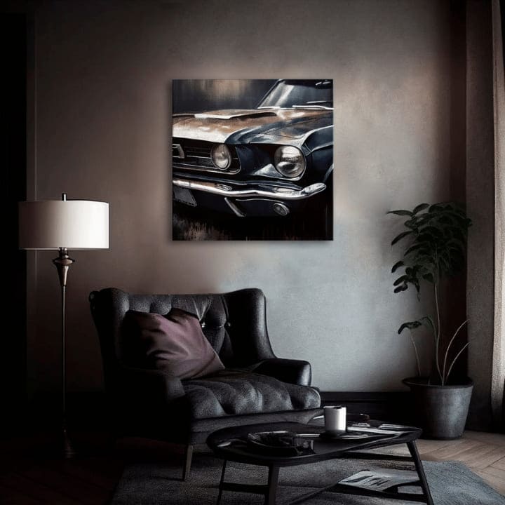 Vintage obraz na plátně s motivem Cválajúci americký sen, automobil, mapa v modrých odstínech, vhodný do kanceláře | Dizajnová dekorace na plátně Cválajúci americký sen – produkt, pohled 2