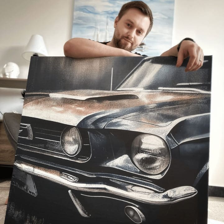 Vintage obraz na plátně s motivem Cválajúci americký sen, automobil, mapa v modrých odstínech, vhodný do kanceláře | Dizajnová dekorace na plátně Cválajúci americký sen – produkt