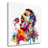 Pop art obraz na plátně s motivem Ikonický rebel Freddie Mercury, mikrofon v fialovo-modrých odstínech, energická atmosféra, rock and roll, vhodný do pracovny – hlavní