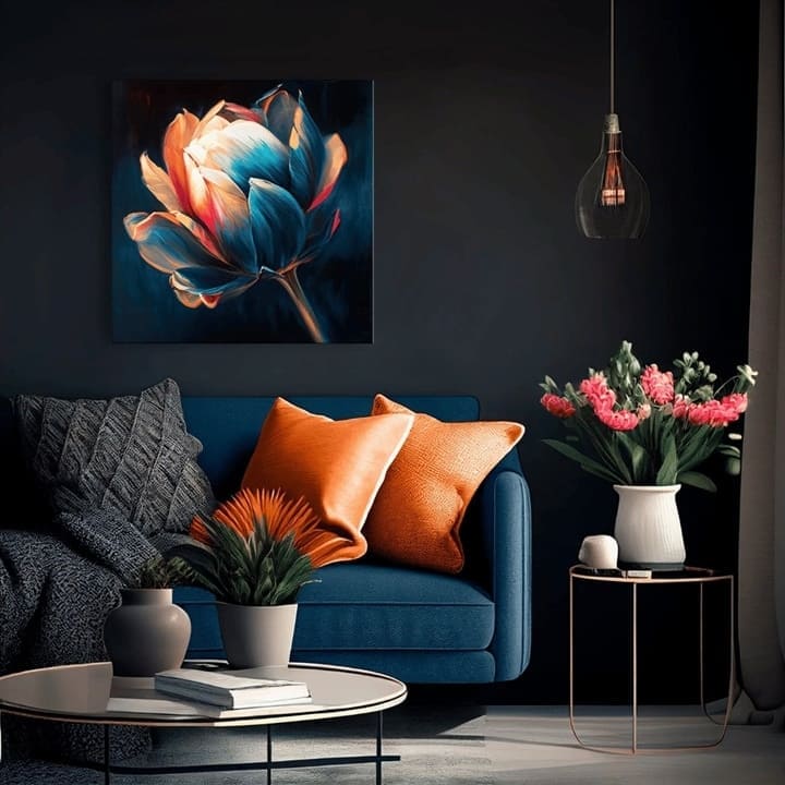 V boho stylu obraz na plátně s motivem Prebudenie krásy, tulipán, květ, květy, příroda v modro-oranžových odstínech, elegantní atmosféra, vhodný do chodby – produkt, pohled 2