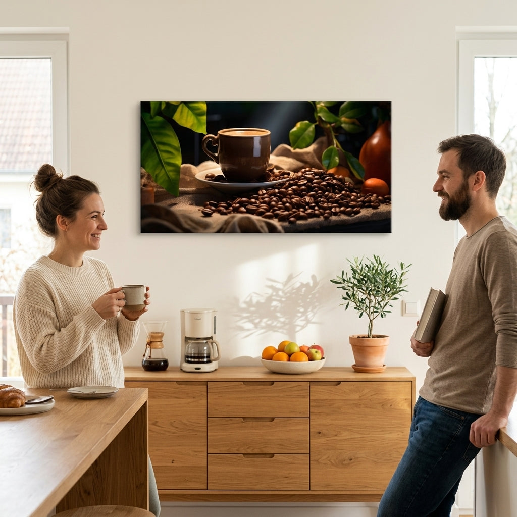Moderní obraz na plátně s motivem Majstrovské Dielo Baristu, šálek kávy, příroda v béžovo-hnědých odstínech zavěšený v interiéru kuchyně | Kávové obrazy do kuchyně Majstrovské Dielo Baristu