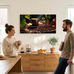 Moderní obraz na plátně s motivem Majstrovské Dielo Baristu, šálek kávy, příroda v béžovo-hnědých odstínech zavěšený v interiéru kuchyně | Kávové obrazy do kuchyně Majstrovské Dielo Baristu