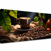 Moderní obraz na plátně s motivem Majstrovské Dielo Baristu, šálek kávy, příroda v béžovo-hnědých odstínech, útulná atmosféra, vhodný do kuchyně – hlavní