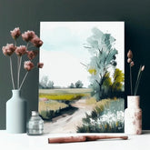 V boho stylu obraz na plátně s motivem cestička, stromy, pole, obloha, krajina v bílo-hnědých odstínech, klidná atmosféra, příroda, vhodný do obývacího pokoje – produkt