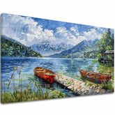 Pop art obraz na plátně s motivem Miesto na oddych, jezero, hory, dětský motiv, zvíře v bílo-modrých odstínech, klidná atmosféra, vhodný do obývacího pokoje – hlavní