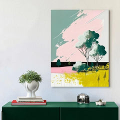 Pop art obraz na plátně s motivem stromy, pole, obloha, slunce, květy v modro-růžových odstínech, veselá atmosféra, jarní atmosféra a příroda – produkt