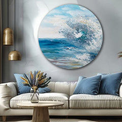 V boho stylu obraz na plátně s motivem oceán, vlny, obloha, moře a pláž v bílo-modrých odstínech, energická atmosféra, příroda a svoboda, vhodný do ložnice – produkt