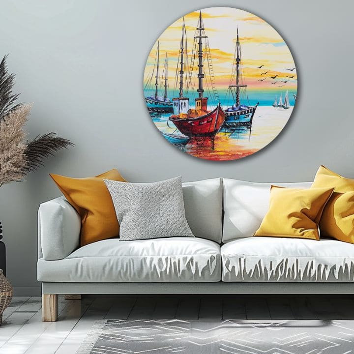 Pop art obraz na plátně s motivem oceán, obloha, krajina v modro-oranžových odstínech, klidná atmosféra, vhodný do kuchyně | Kulatý malovaný obraz Nekonečná krása – produkt