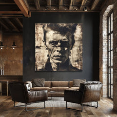 Moderní obraz na plátně v hnědo-bílých odstínech, hudební historie a ikonografie | David Bowie obraz na plátně - Nelútostný pohled – produkt