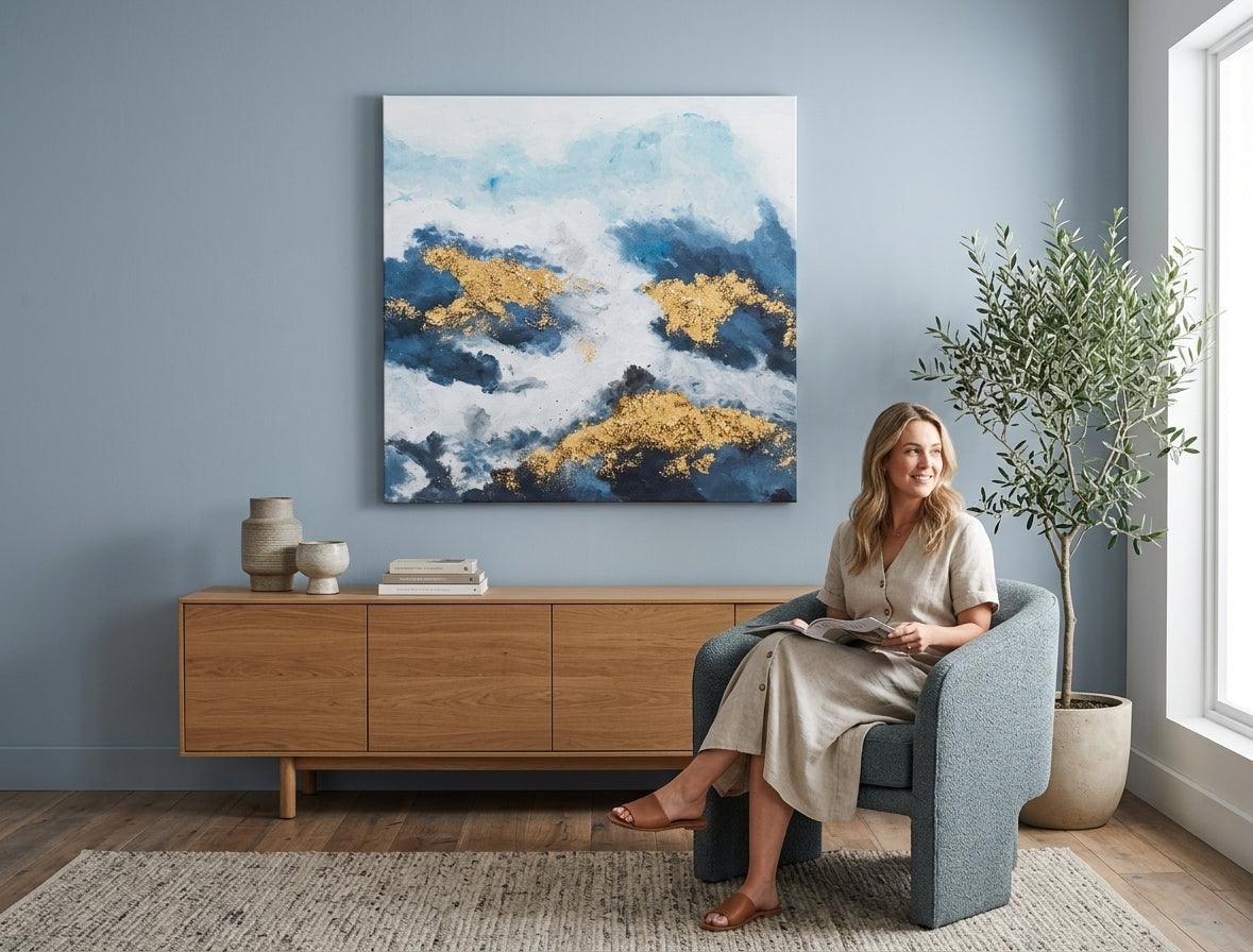 Malovaný obraz na zeď ABSTRAKT 70x70 cm – ručně malovaný obraz v elegantním interiéru (Golden hour luxe) | wall mockup | premium canvas | Papilora.sk