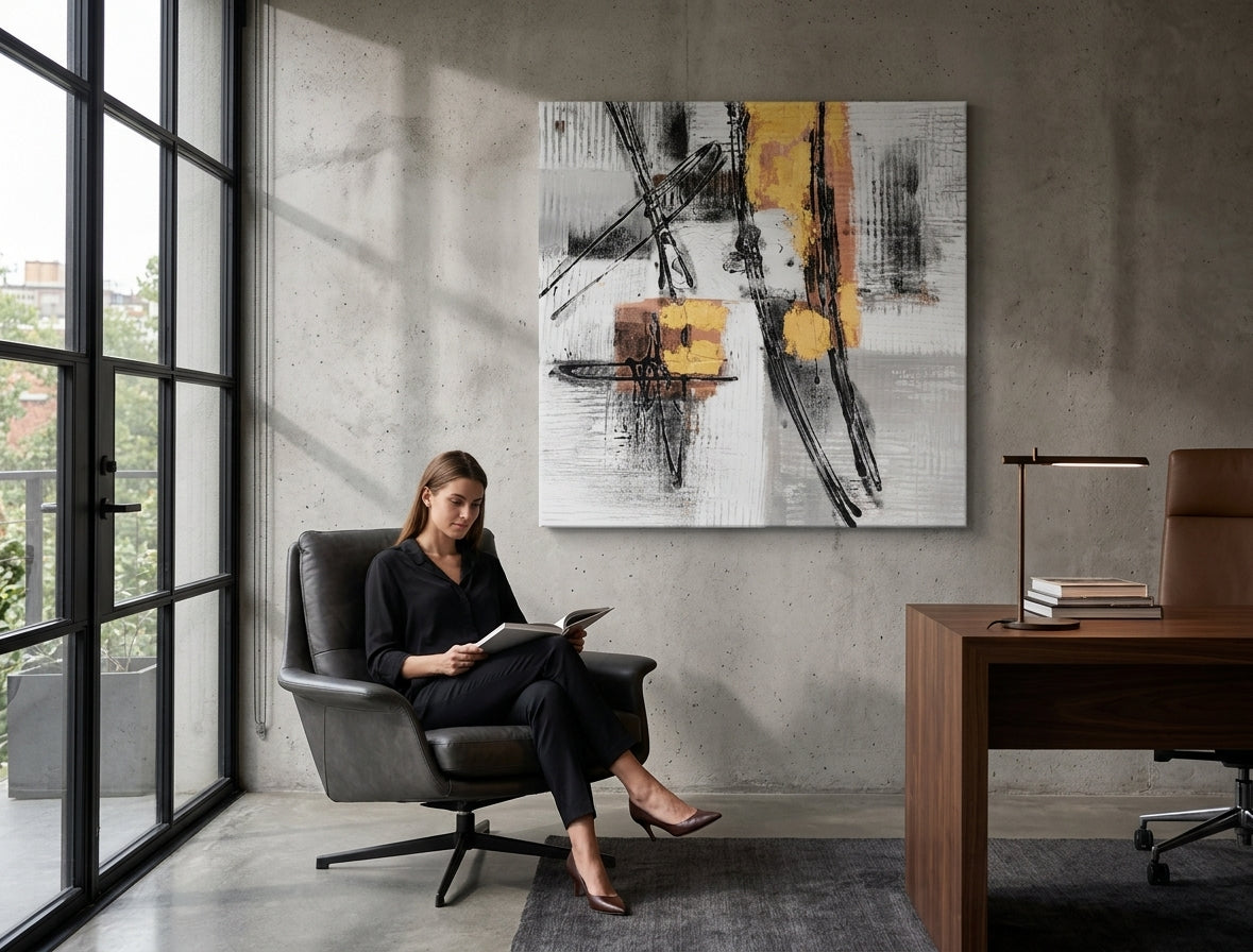 Malovaný obraz na zeď ABSTRAKT 60x60 cm – ručně malovaný obraz v elegantním interiéru (Scandi cream) | wall mockup | premium canvas | Papilora.sk