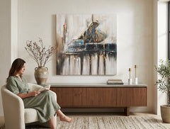 Malovaný obraz na zeď ABSTRAKT 100x100 cm – ručně malovaný obraz v elegantním interiéru (Scandi cream) | wall mockup | premium canvas | Papilora.sk