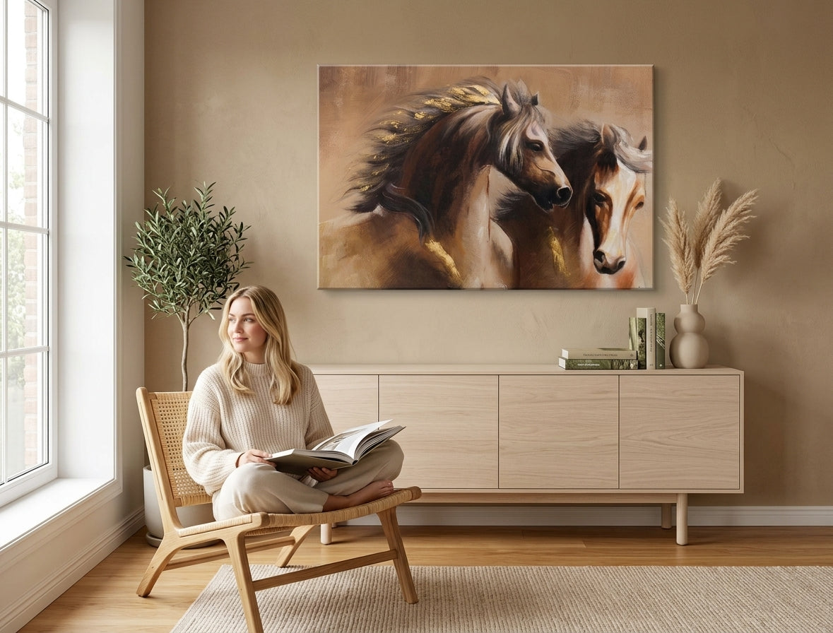 Malovaný obraz na zeď KONĚ 90x60 cm – ručně malovaný obraz v elegantním interiéru (Bohemian warm) | wall mockup | premium canvas | Papilora.sk