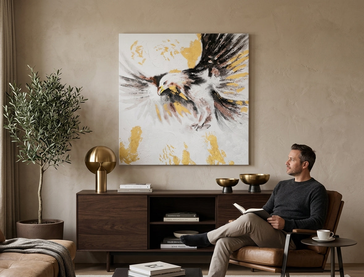 Malovaný obraz na zeď OREL 60x60 cm – ručně malovaný obraz v elegantním interiéru (Golden hour luxe) | wall mockup | premium canvas | Papilora.sk