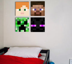Sada čtyř obrazů s pixelovými tvářemi postav z Minecraftu visí na zelené stěně nad dřevěnou postelí s červeným povlečením v moderním dětském pokoji Papilora.