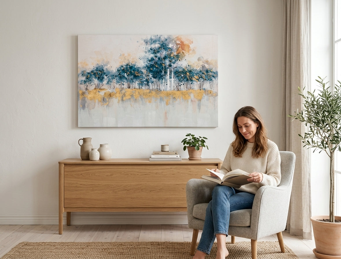Malovaný obraz na zeď ABSTRAKT 90x60 cm – ručně malovaný obraz v elegantním interiéru (Mid-century warm) | wall mockup | premium canvas | Papilora.sk