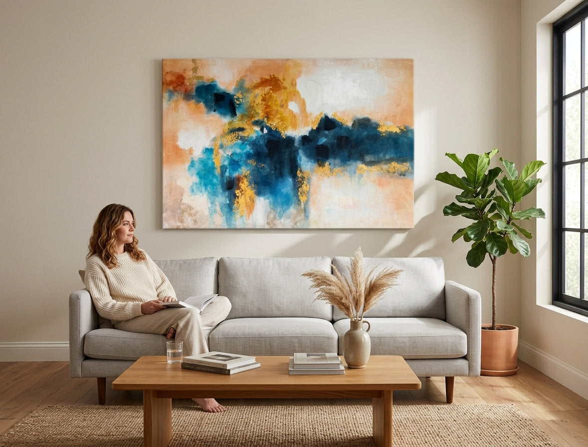 Malovaný obraz na zeď ABSTRAKT 120x80 cm – ručně malovaný obraz v elegantním interiéru (Modern coastal) | wall mockup | premium canvas | Papilora.sk
