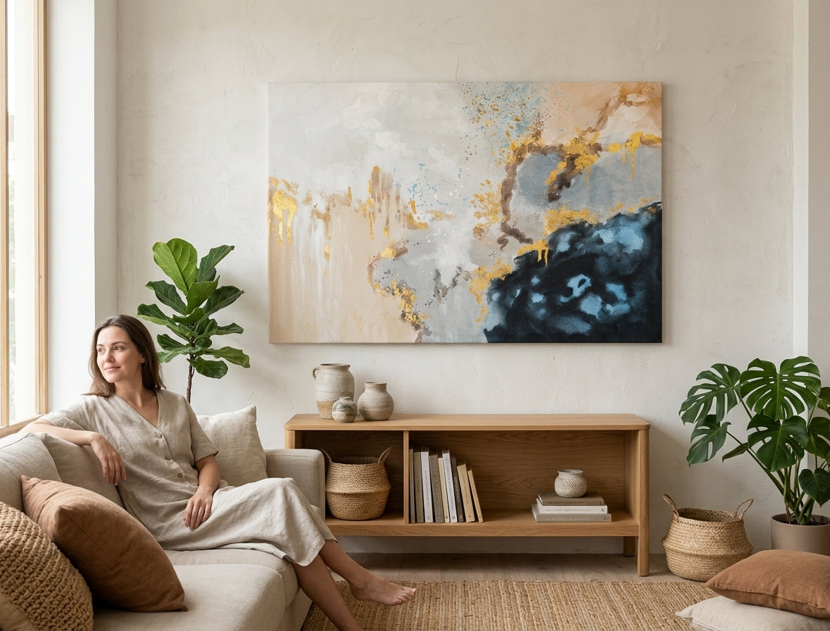 Malovaný obraz na zeď ABSTRAKT 90x60 cm – ručně malovaný obraz v elegantním interiéru (Scandi cream) | wall mockup | premium canvas | Papilora.sk