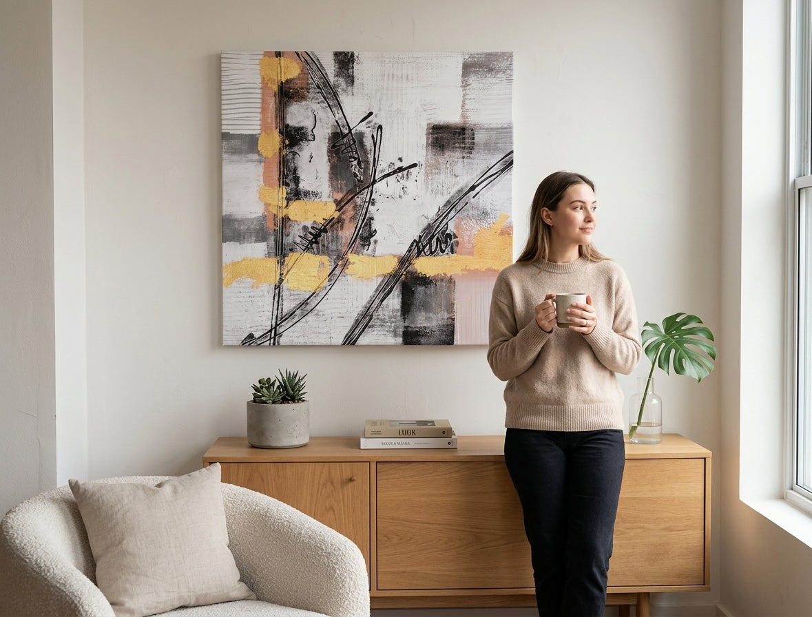 Malovaný obraz na zeď ABSTRAKT 60x60 cm – ručně malovaný obraz v elegantním interiéru (Bohemian warm) | wall mockup | premium canvas | Papilora.sk