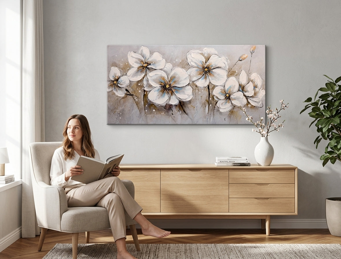 Malovaný obraz na zeď KVĚTY 100x50 cm – ručně malovaný obraz v elegantním interiéru (Bohemian warm) | wall mockup | premium canvas | Papilora.sk