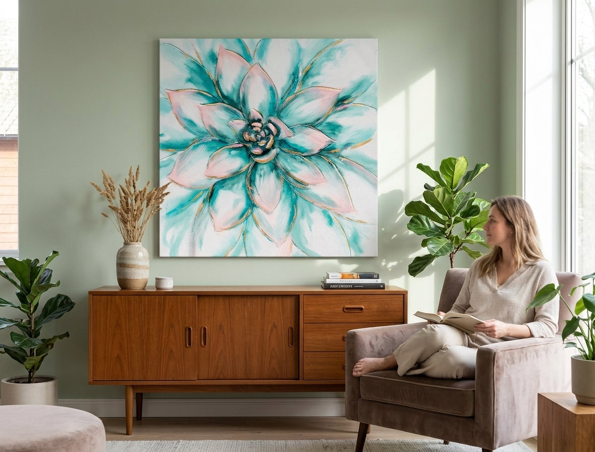 Malovaný obraz na zeď KVĚTY 70x70 cm – ručně malovaný obraz v elegantním interiéru (Mid-century warm) | wall mockup | premium canvas | Papilora.sk