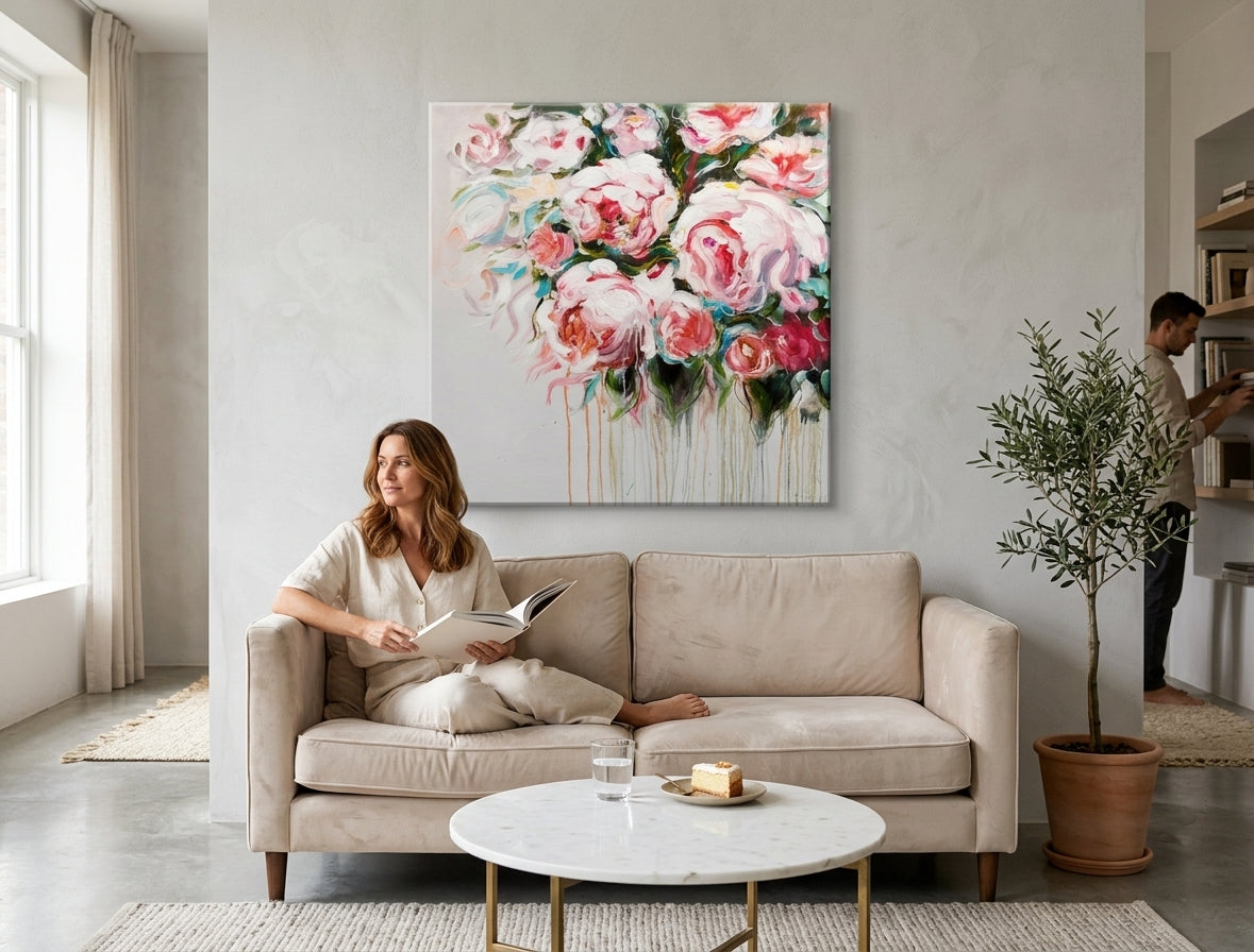 Malovaný obraz na zeď KVĚTY 70x70 cm – ručně malovaný obraz v elegantním interiéru (Golden hour luxe) | wall mockup | premium canvas | Papilora.sk