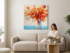 Malovaný obraz na zeď KVĚTY VE VÁZE 70x70 cm – ručně malovaný obraz v elegantním interiéru (Bohemian warm) | wall mockup | premium canvas | Papilora.sk