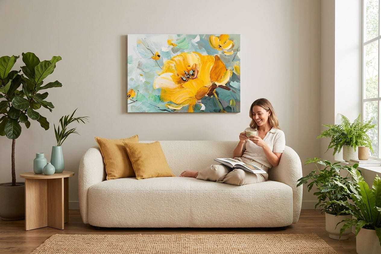 Malovaný obraz na zeď Květiny ve váze — žlutá kytice 70×70 cm – ručně malovaný obraz v elegantním interiéru (Golden hour luxe) | wall mockup | premium canvas | Papilora.sk