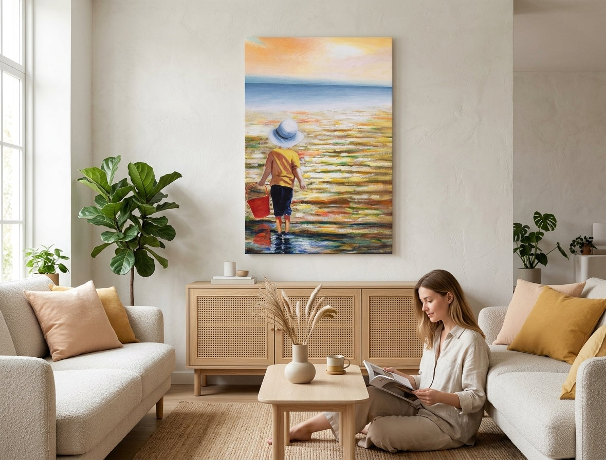 Malovaný obraz na zeď MOŘE 60x90 cm – ručně malovaný obraz v elegantním interiéru (Bohemian warm) | wall mockup | premium canvas | Papilora.sk