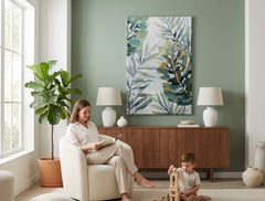 Malovaný obraz na zeď LISTY 60x90 cm – ručně malovaný obraz v elegantním interiéru (Mid-century warm) | wall mockup | premium canvas | Papilora.sk