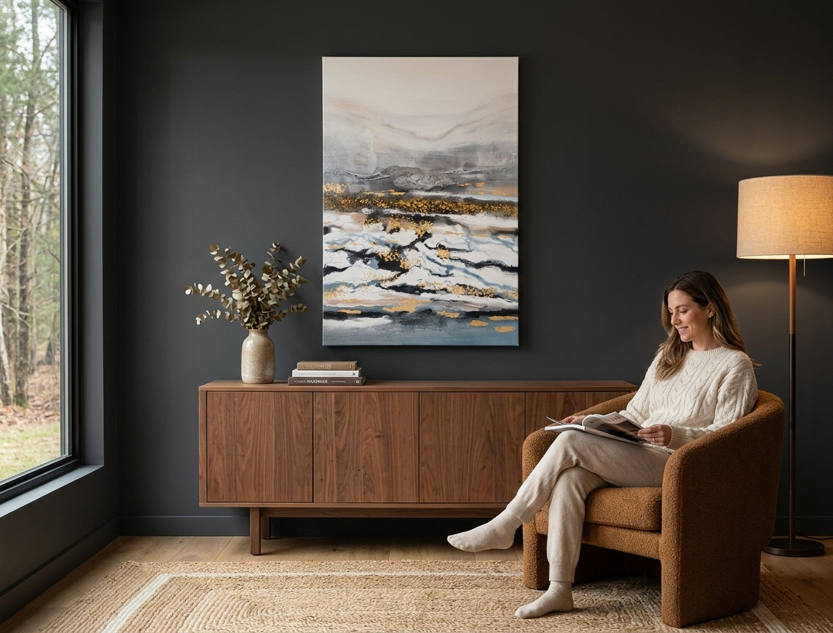 Malovaný obraz na zeď PŘÍRODA 60x90 cm – ručně malovaný obraz v elegantním interiéru (Modern coastal) | wall mockup | premium canvas | Papilora.sk