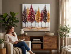 Malovaný obraz na zeď STROMY 70x70 cm – ručně malovaný obraz v elegantním interiéru (Golden hour luxe) | wall mockup | premium canvas | Papilora.sk