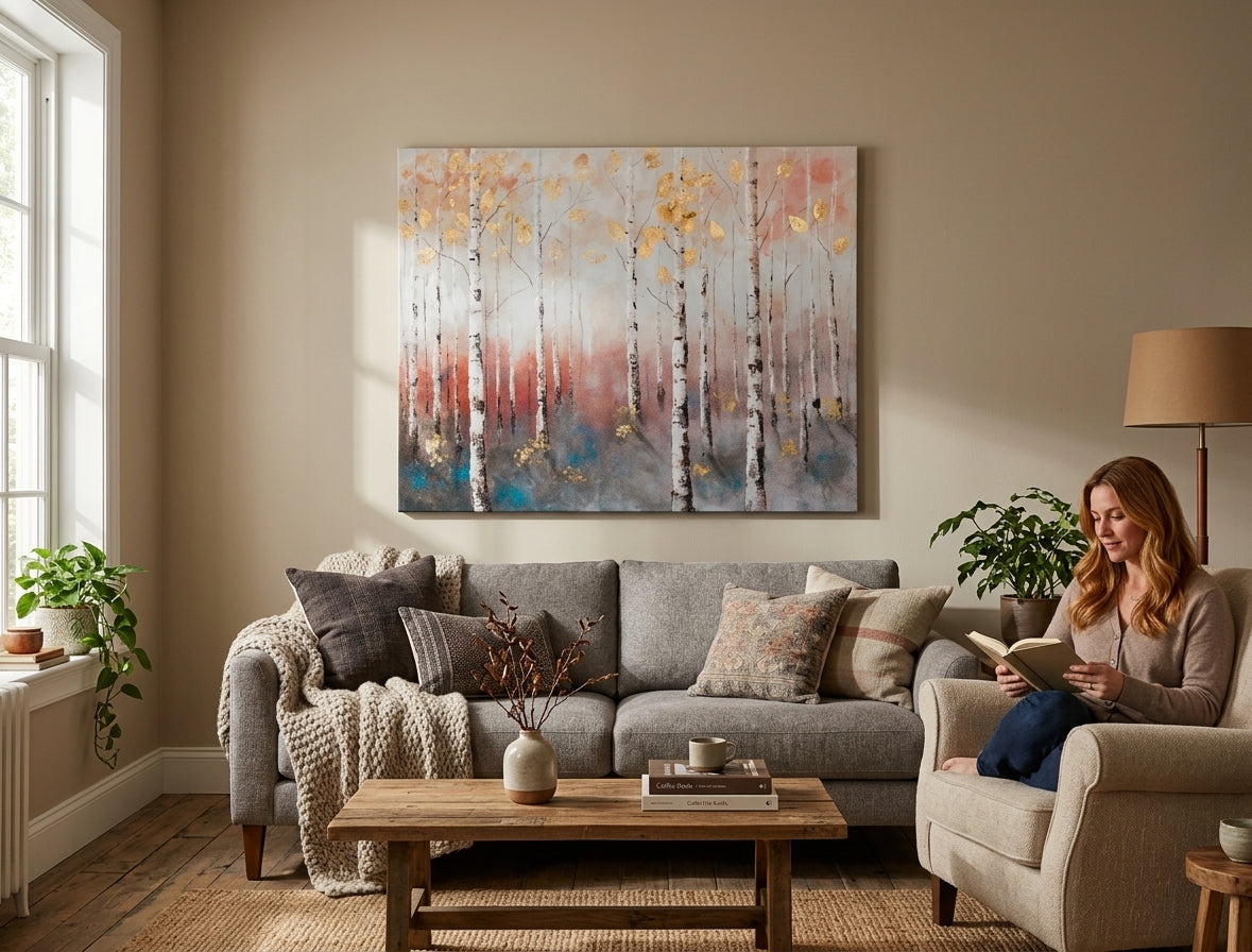 Malovaný obraz na zeď STROMY 100x80 cm – ručně malovaný obraz v elegantním interiéru (Bohemian warm) | wall mockup | premium canvas | Papilora.sk