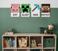 Čtyři Minecraft plátna visí nad postelí v moderním dětském pokoji, s pixelovým prasetem, Creeperem, krumpáčem a Stevem, doplňující barevné povlečení Papilora.