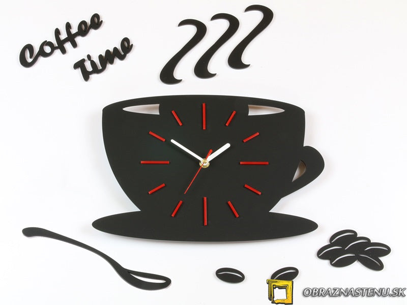 Nástěnné hodiny ve tvaru šálku kávy s nápisem „Coffee Time“ a zrnky kávy, v černé a červené barvě, na plátně Papilora.