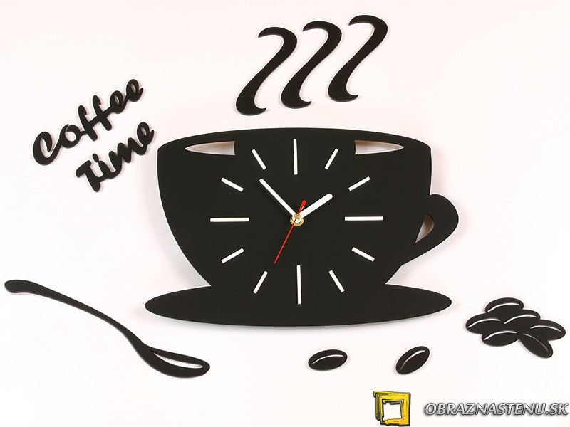 Nástěnné hodiny ve tvaru šálku kávy s nápisem Coffee Time a zrnky kávy v černé barvě na bílém pozadí Papilora.