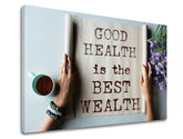 Moderní obraz na plátně s motivem Good health, květy, motivační citát, náboženský motiv, příroda v béžovo-hnědých odstínech, klidná atmosféra – produkt