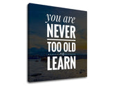 Moderní obraz na plátně s motivem You are never too old, oceán, hory, obloha, pláž v bílých odstínech, příroda a moudrost, vhodný do kanceláře – produkt