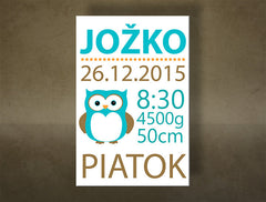 Plakát s personalizovanými údaji o narození a roztomilou modrou sovou na bílém pozadí, viditelný dřevěný rám Papilora.